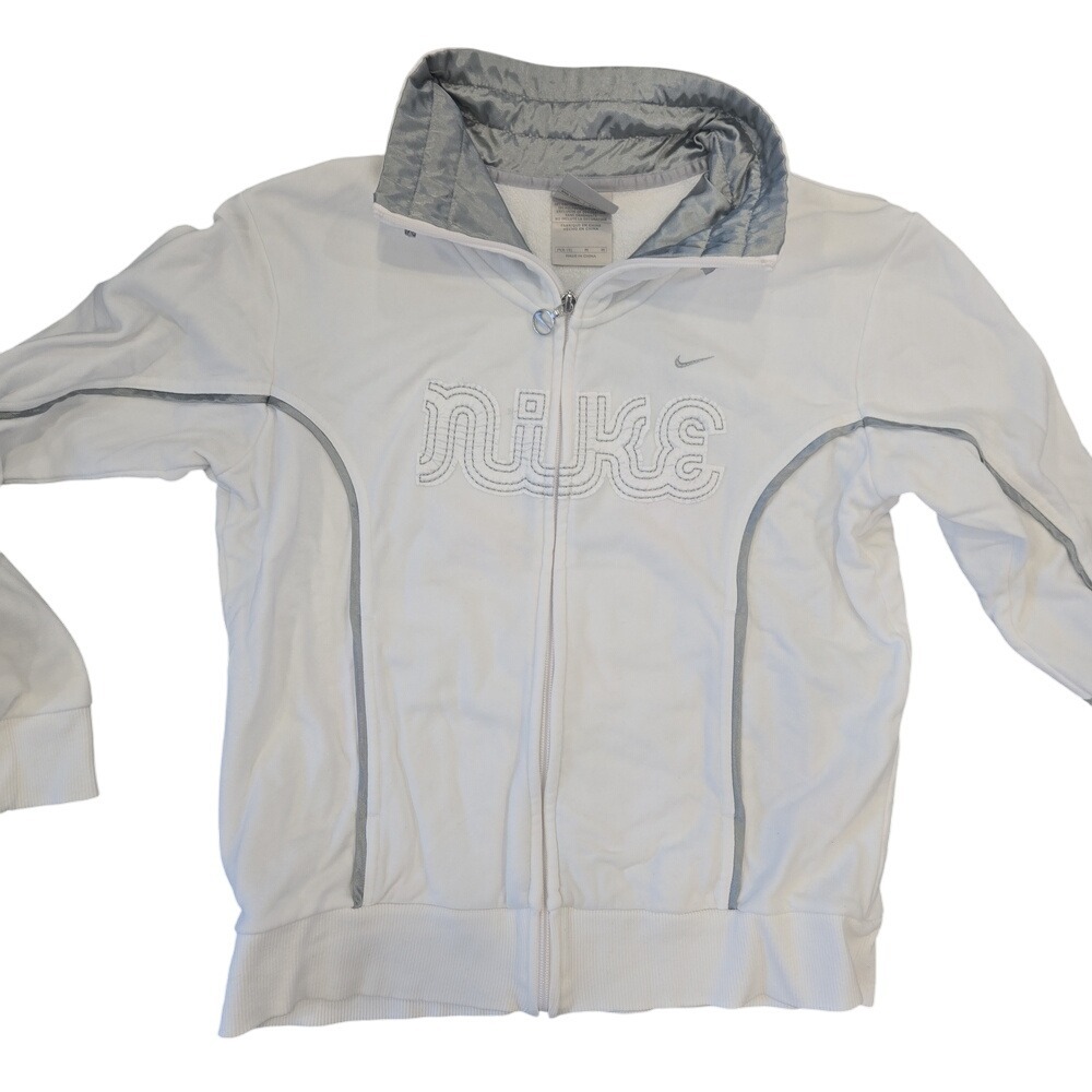 Nike White Full Zip Jacket Women's Medium‎ Metallic Trim Logo Embroidery